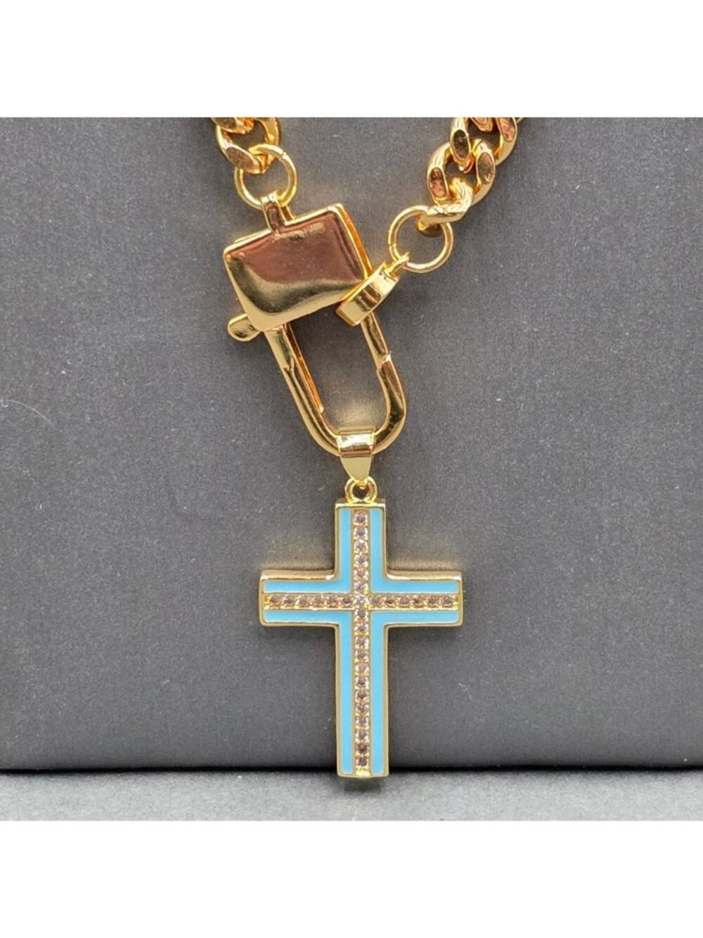 Melania Clara Wendy Necklace Blue Enamel Cross Pendant Gold Plated Curb Chain 16 - Picture 4 of 16